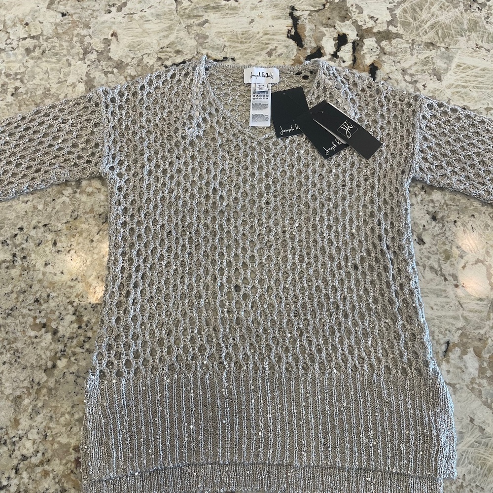 Joseph Ribkoff Womens Sequin Open Knit Tunic Top Size XS Sweater Sparkle Holiday